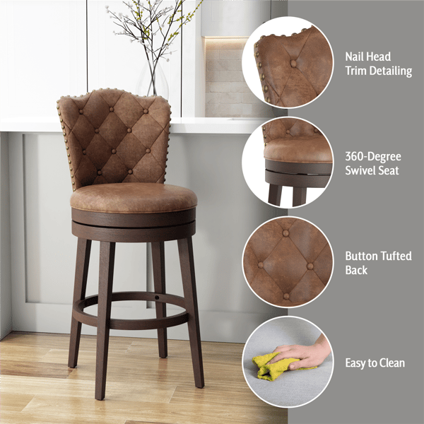 HH2 Home Edenwood Chestnut Bar Height Swivel Stool w/ Tufted Back