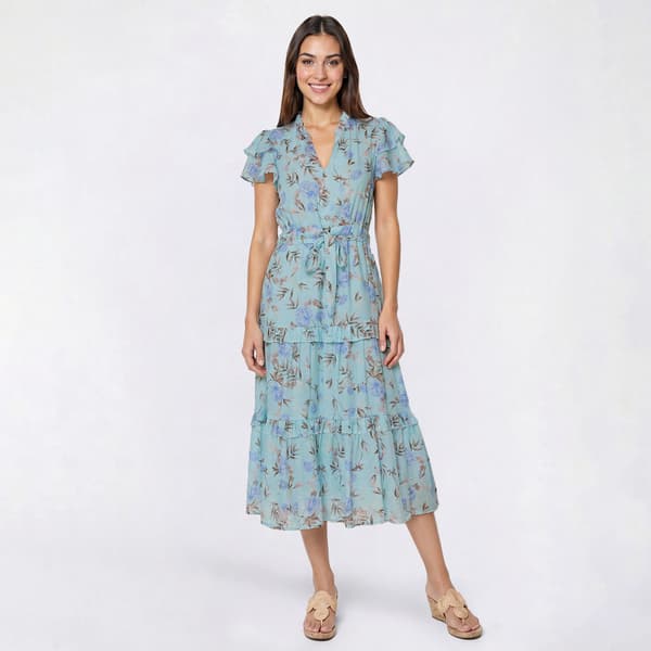 Womens Cure Flutter Sleeve Floral Tie Waist Tier Midi Dress - image 