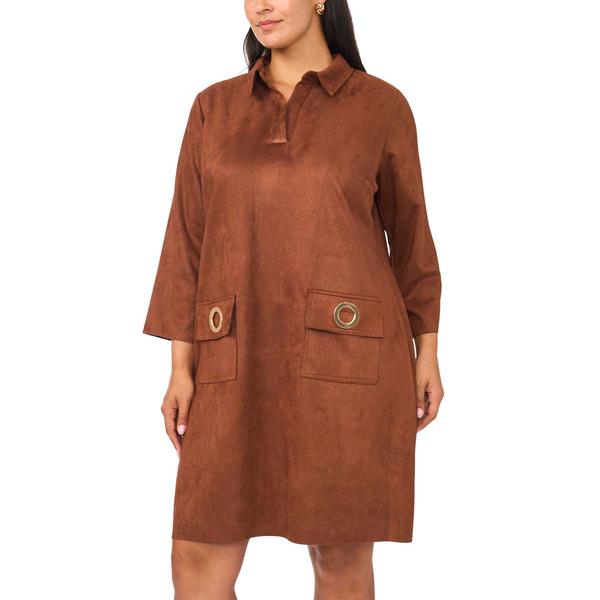 Plus Size MSK Long Sleeve Suede Grommet Pocket Shift Dress - image 