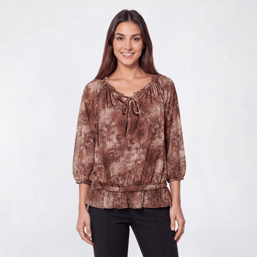 Womens BB Dakota 3/4 Sleeve Paisley Mesh Peplum Tie Neck Blouse