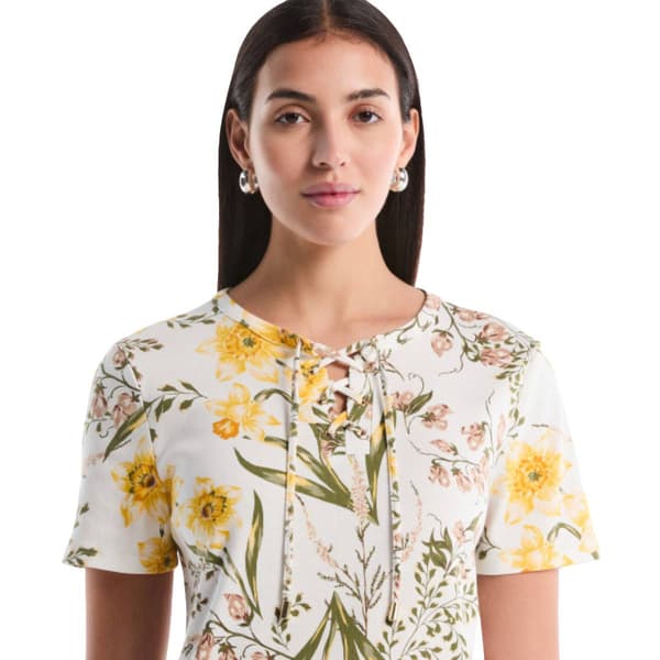 Petite Rafaella® Short Sleeve Garden Floral Lace Up Blouse