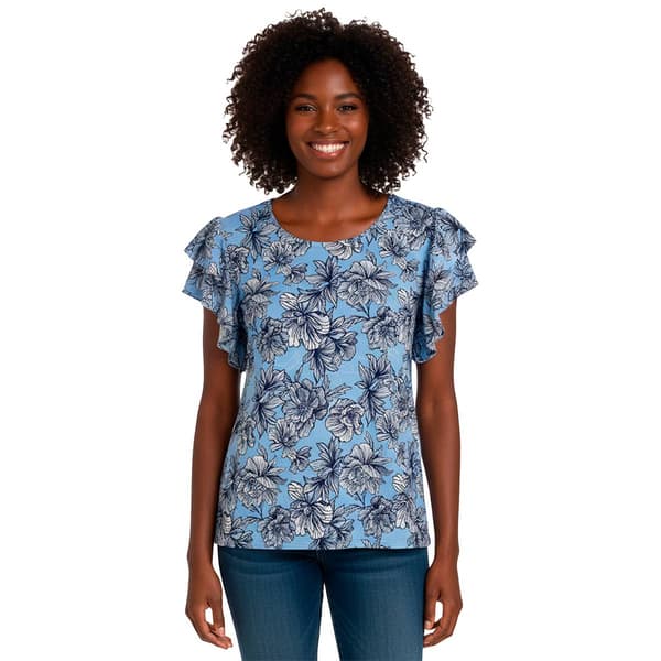 Petite Emily Daniels Flutter Sleeve Floral Round Neck Blouse - image 