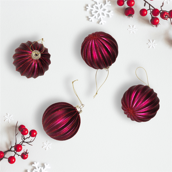 Northlight 4ct. Maroon Ribbed Glass Ball Christmas Ornaments