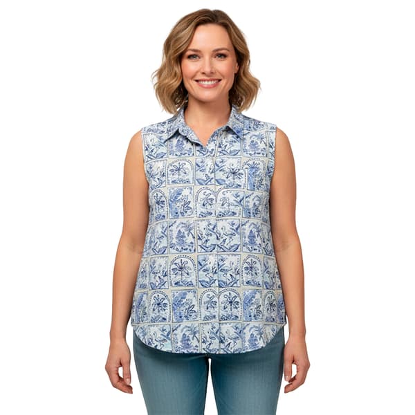 Womens Erika Sleeveless Tropical Postcard Button Front Blouse - image 