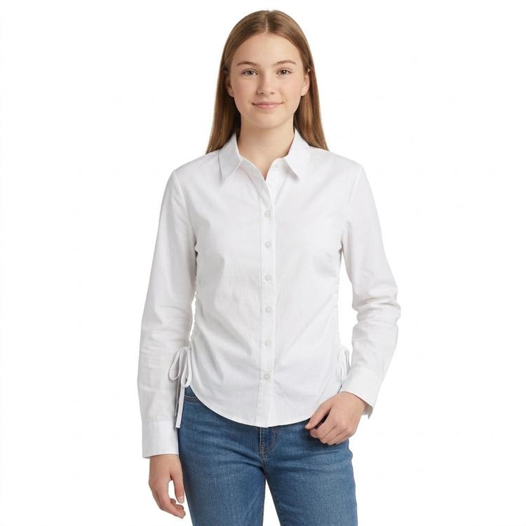 Juniors No Comment Long Sleeve Poplin Button Front Top - White