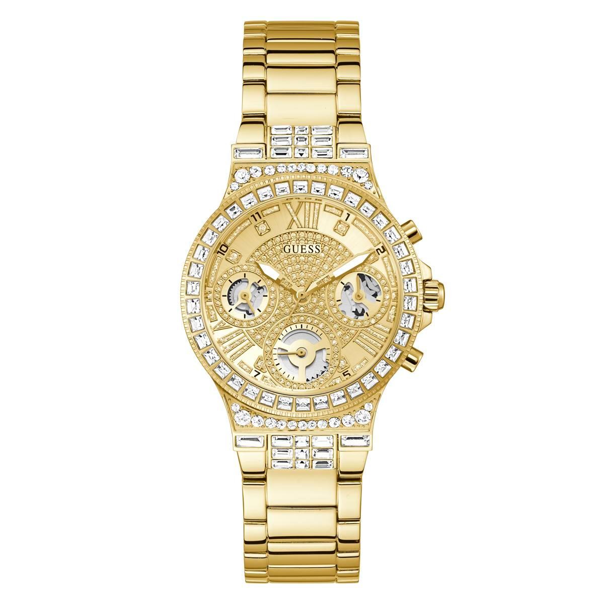 Womens Guess Gold-Tone Case/Crystal Sunray Dial Watch -...