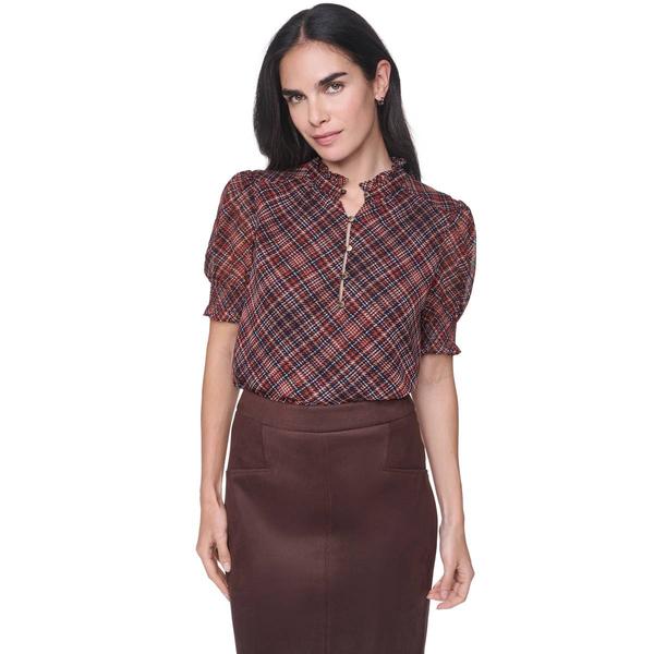 Womens Tommy Hilfiger Short Smocked Cuff Sleeve Plaid Blouse