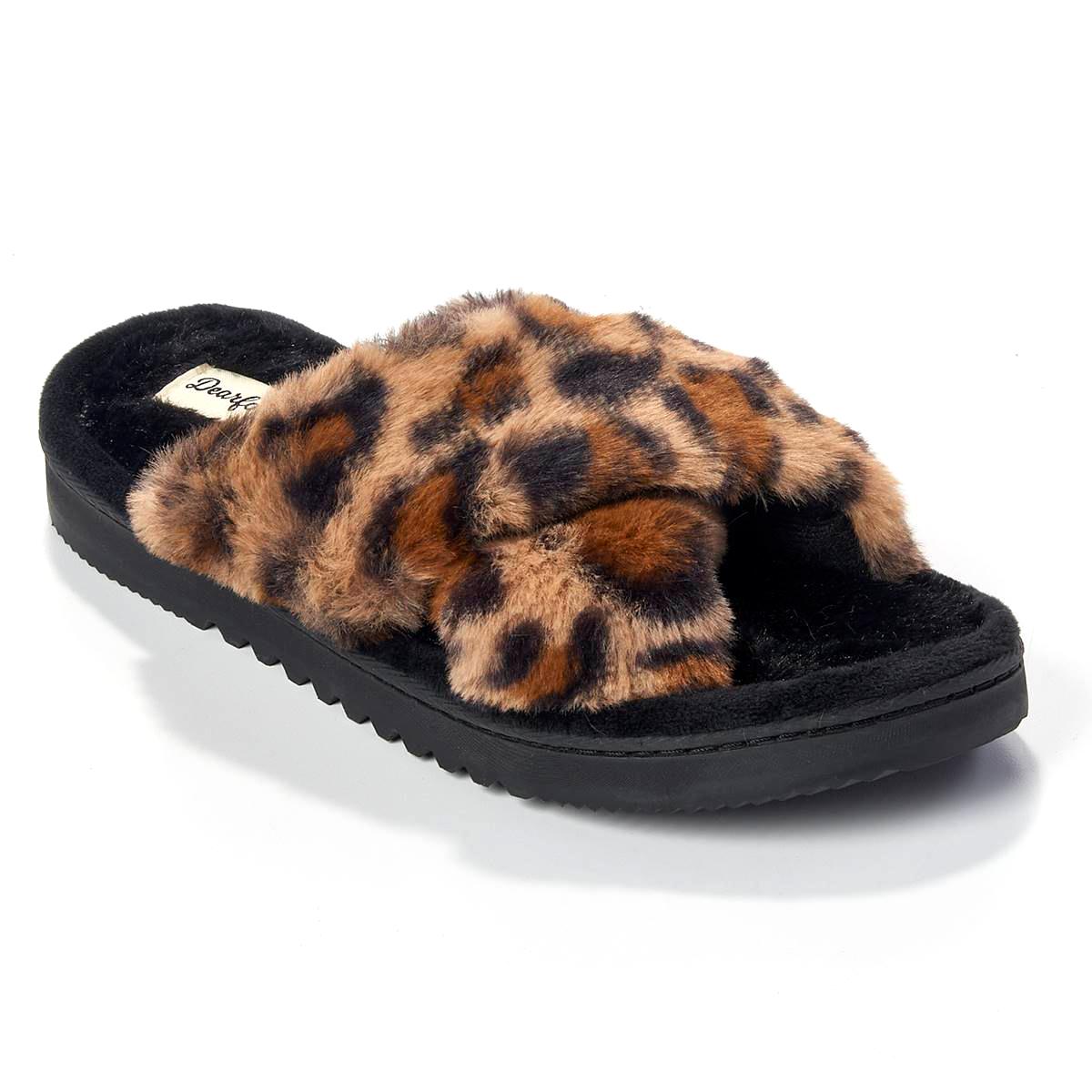 Womens Dearfoams® Miranda Leopard Pile X-Band Slide...