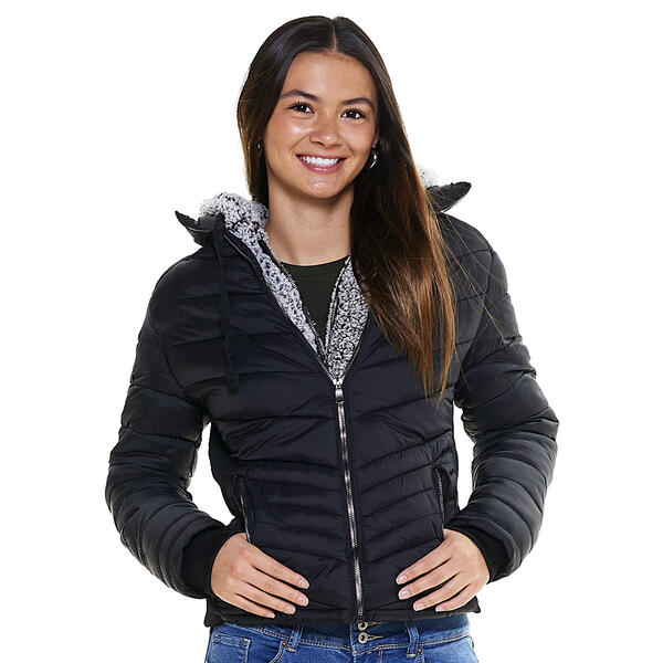 Juniors How Dare U Fitted Faux Fur Hooded Puffer Coat - image 