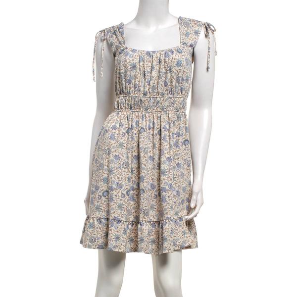 Juniors Wallflower Floral Tie Shoulder Smock Waist Ruffle Dress