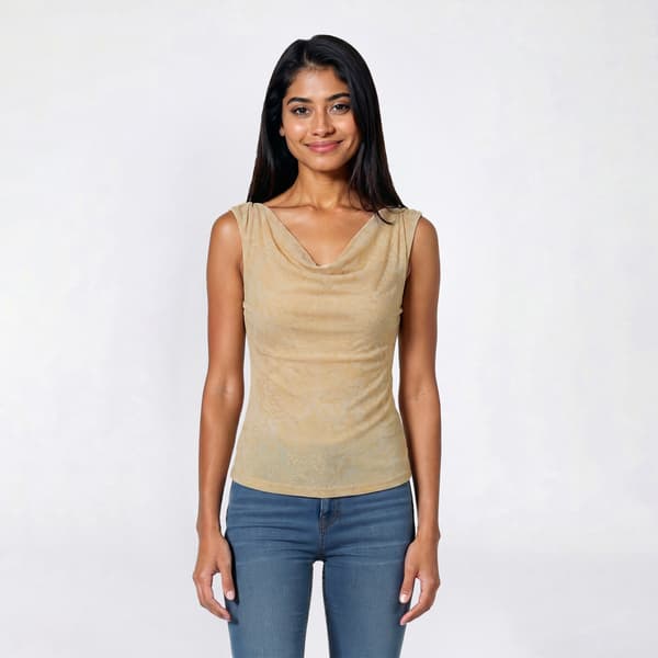 Juniors Pink Rose Print Mesh Cowl Neck Ruch Tank Top - image 