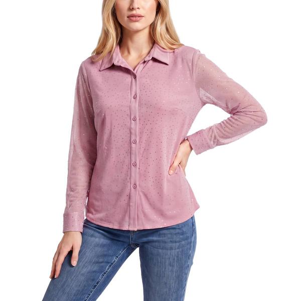 Womens NY Collection Long Sleeve Button Down Mesh Top - image 