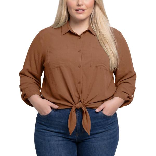 Plus Size NY Collection long Sleeve Airflow BF Tie Front Shirt