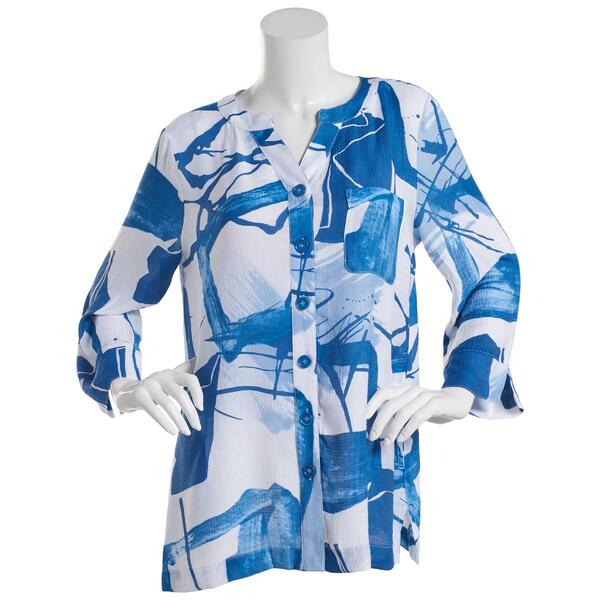 Womens Ali Miles 3/4 Sleeve Abstract Button Front Tunic Blouse - image 