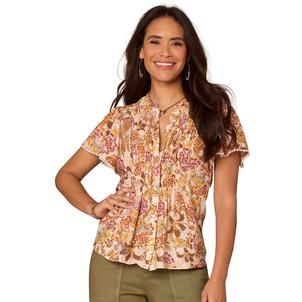 Womens Democracy Short Flounce Sleeve Button Front Blouse - image 