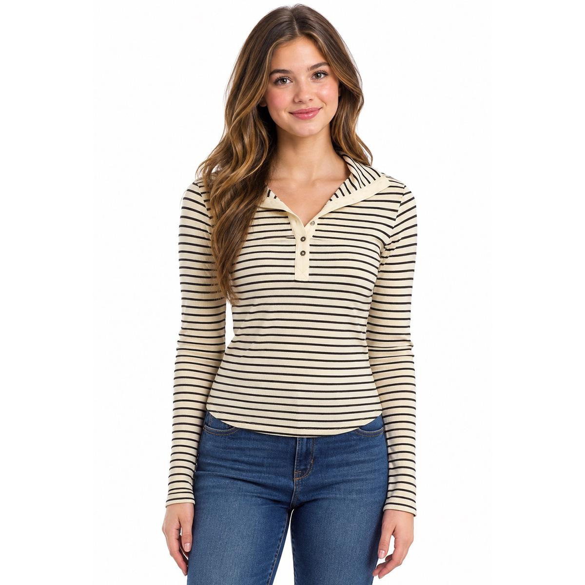 Juniors Wallflower Long Sleeve Manchester Henley Top- Ivory
