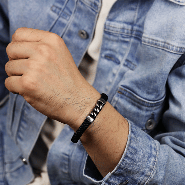 Mens Lynx Braided Leather & Black Ion Plated Curb Chain Bracelet