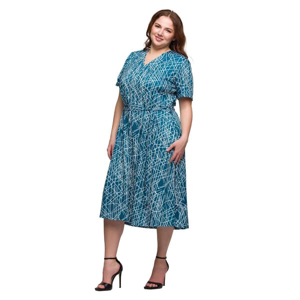 Plus Size 24/7 Comfort Apparel Teal Tie Waist Midi Dress