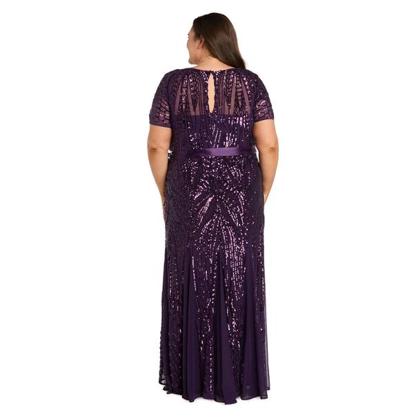 Plus R&M Richards Short Sleeve Lace Sequin Belted Evening Gown