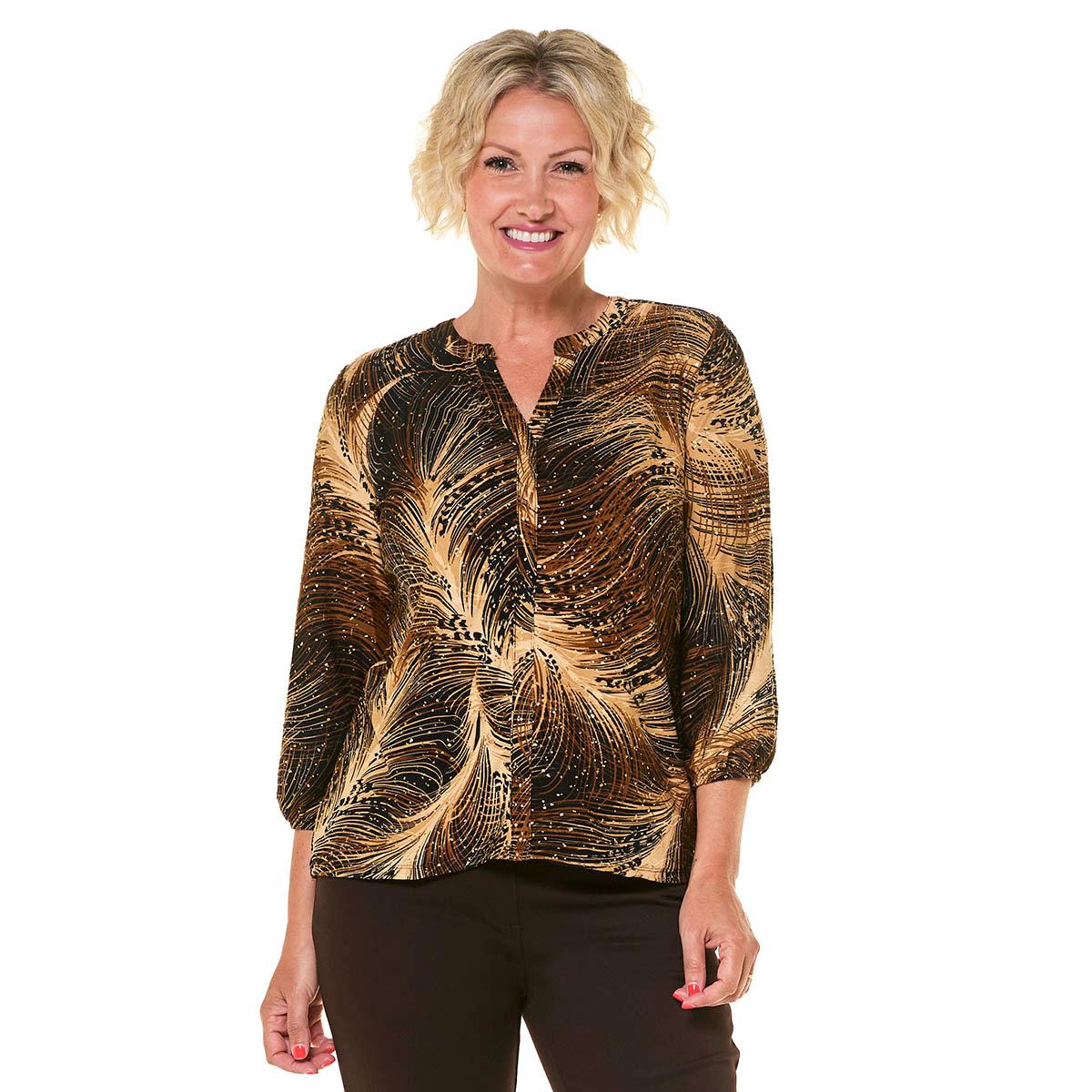 Womens Emily Daniels 3/4 Sleeve Foil Feather Split Neck Blouse