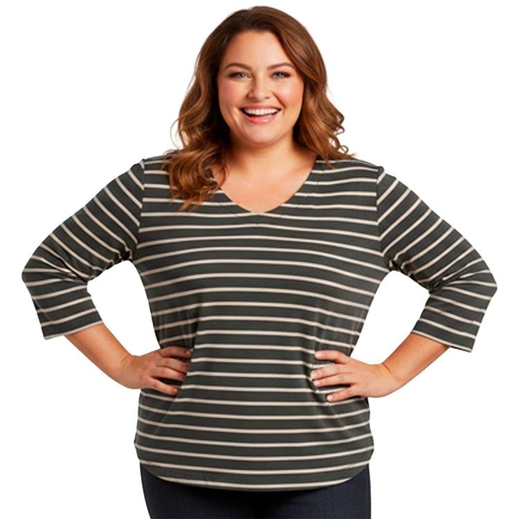 Plus Size Hasting & Smith 3/4 Sleeve Stripe Round Hem V Neck Tee
