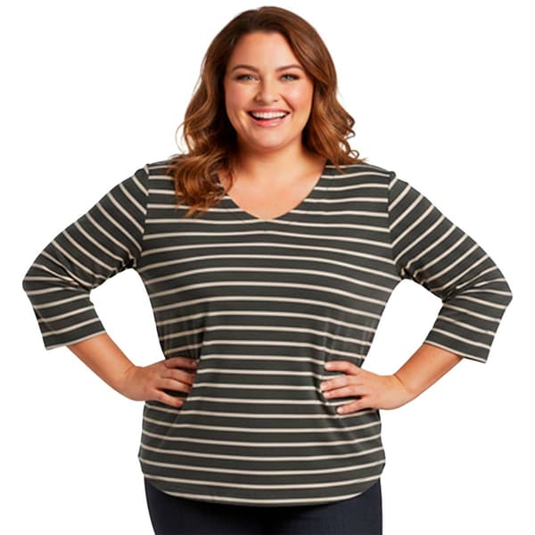 Plus Size Hasting & Smith 3/4 Sleeve Stripe Round Hem V Neck Tee