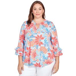 Plus Size Ruby Rd. Patio Party 3/4 Sleeve Knit Floral Puff Blouse