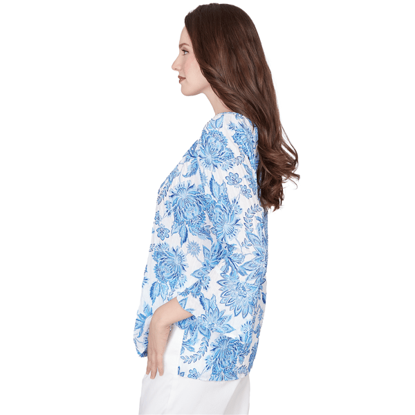 Womens Hearts of Palm Embraceable Blue Floral Crinkle Blouse