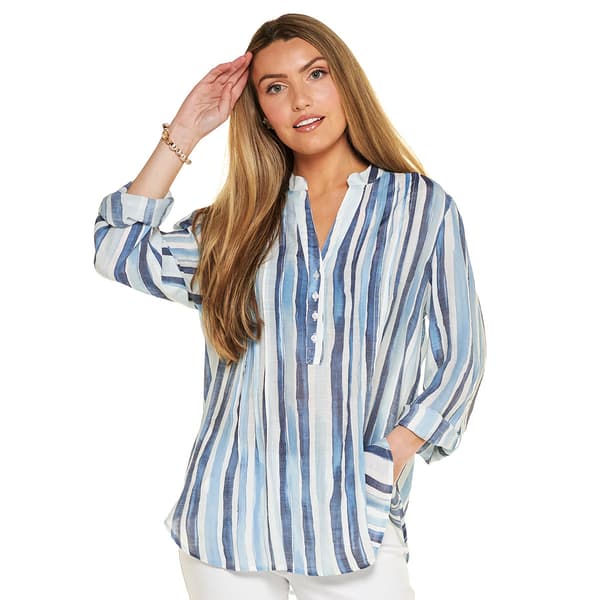 Womens Zac & Rachel Roll Sleeve Watercolor Stripe Blouse - image 