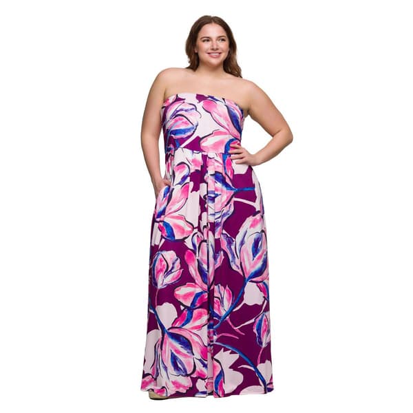 Plus Size 24/7 Comfort Apparel Purple Floral Strapless Maxi Dress