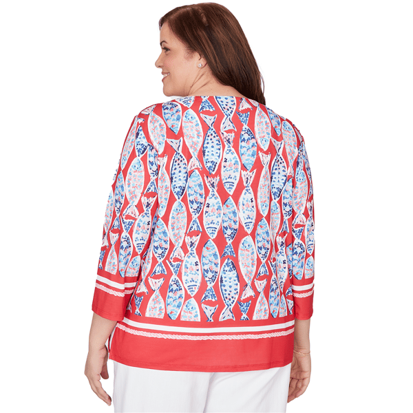 Plus Size Alfred Dunner Port Side 3/4 Sleeve Mosaic Fish Blouse - image 