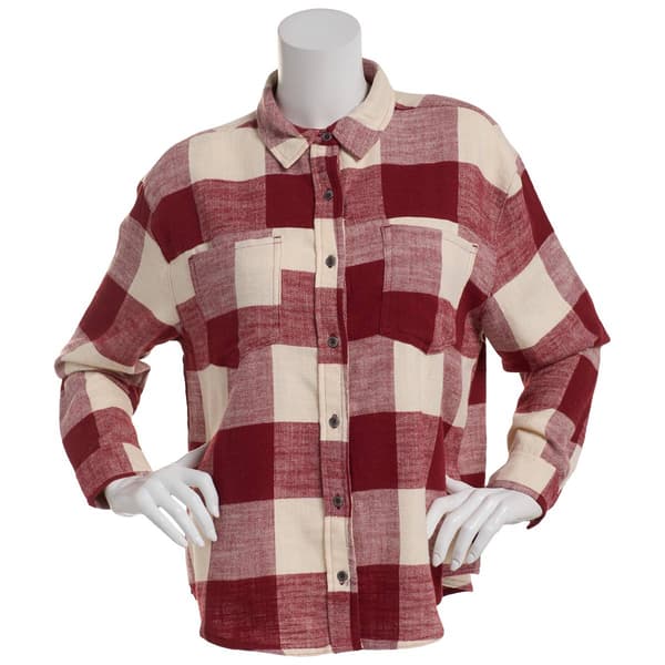 Juniors Love Tree Buffalo Plaid Boyfriend Boxy Flannel Shirt - image 