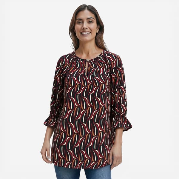 Womens Anne Klein Long Cuff Sleeve Leafy Floral Keyhole Blouse