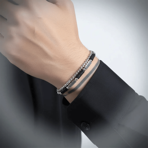 Mens Iron Saints Onyx Bead & Layered Curb Chain Bracelet