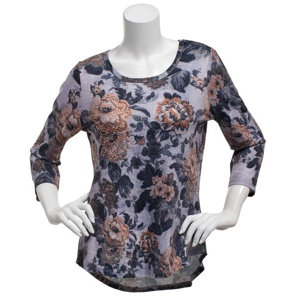 Womens OneWorld 3/4 Sleeve Round Neck Floral Sublimation Tee