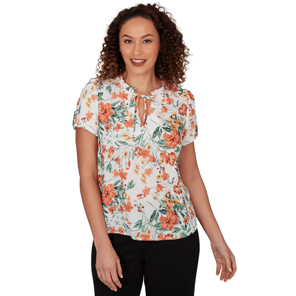 Petite Emaline Verde Grove I Short Sleeve Floral Tie Neck Blouse