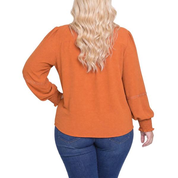 Plus Size NY Collection Long Smocked Sleeve Studded Detail Blouse