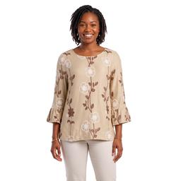 Womens Notations 3/4 Ruffle Sleeve Floral Embroidery Blouse