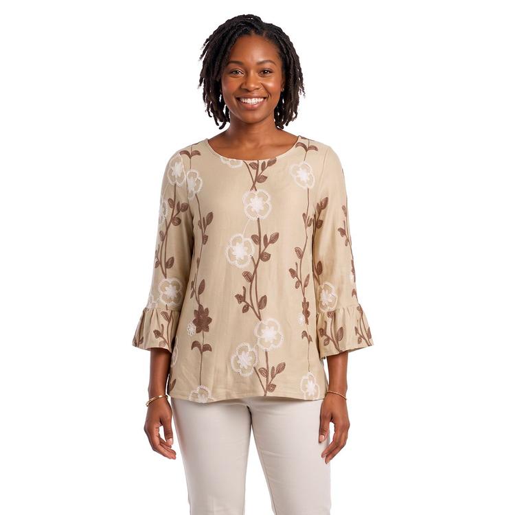 Womens Notations 3/4 Ruffle Sleeve Floral Embroidery Blouse