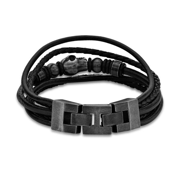 Mens Lynx Stainless Steel & Leather Skull Bracelet