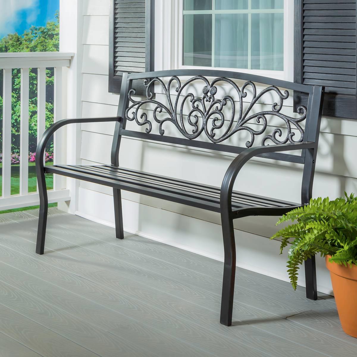 Evergreen Blooming Garden Black Metal Bench