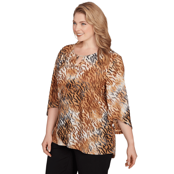 Plus Size Ruby Rd. New Neutrals Bell Sleeve Tie Dye Tiger Blouse