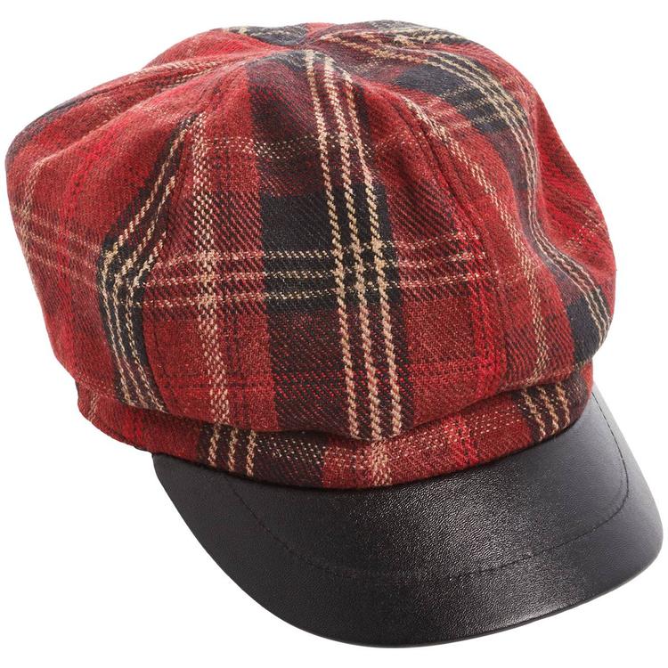 Womens Madd Hatter Plaid Faux Leather Brim Newsboy Hat