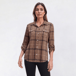 Womens New York Laundry Long Roll Tab Sleeve Plaid Blouse
