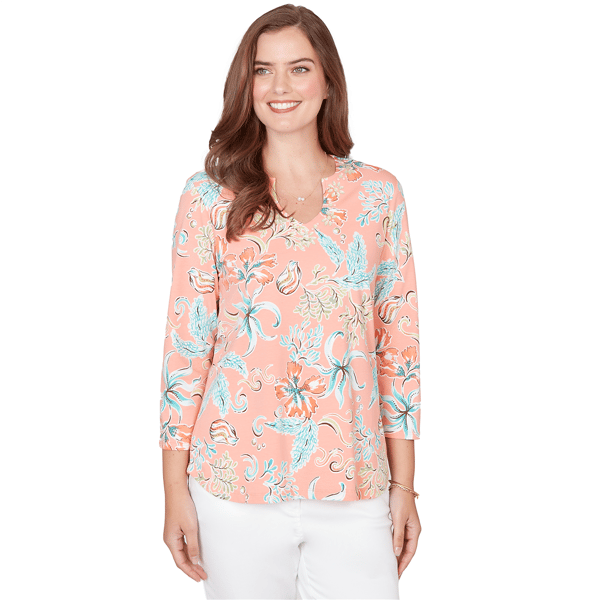 Womens Ruby Rd. Seas The Day Embellished Oceania Floral Blouse - image 