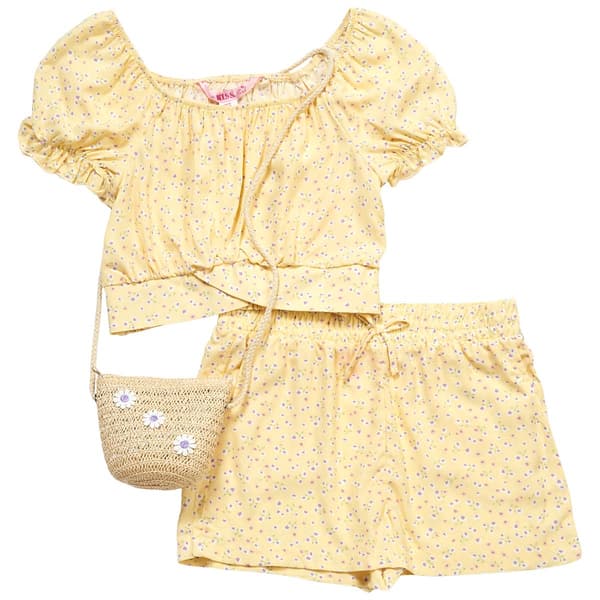 Girls (7-14) 1st Kiss(R) Puff Sleeve Floral Top with Shorts & Bag