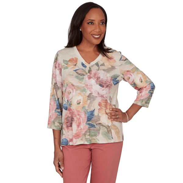 Womens Alfred Dunner Camden Market Bold Rose V Neck Blouse - image 