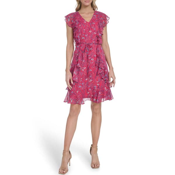 Womens Tommy Hilfiger Flutter Sleeve V Neck Print Chiffon Dress - image 