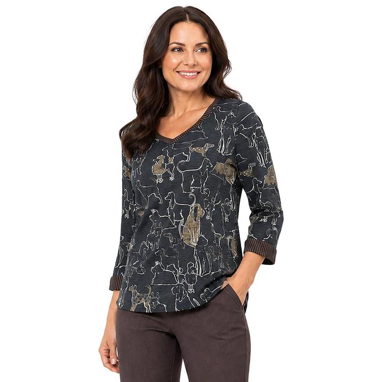 Plus Size Ali Miles 3/4 Sleeve Dog Silhouette Print Top