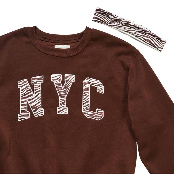 Juniors No Comment NYC Fleece Crew Neck With Headband- Chocolate